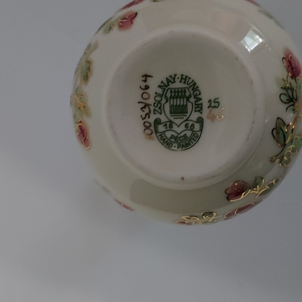 ZSOLNAY-HUNGARY Floral Vase w/Gold Trim - Picture 6 of 8
